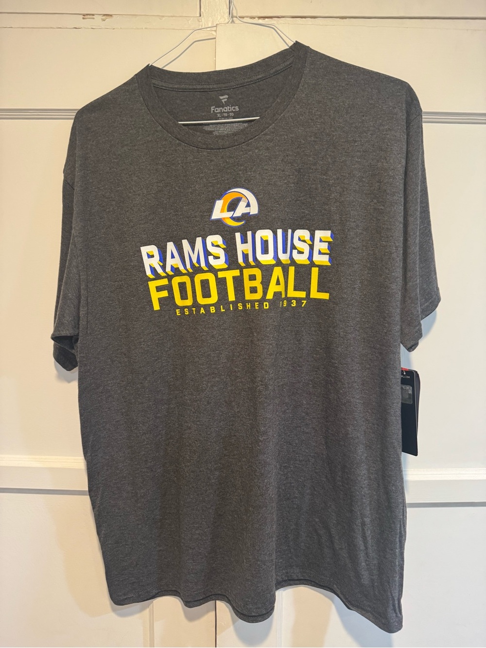 Los Angeles RAMS Football- Fanatics Charcoal Gray Crewneck Tee with White Logo